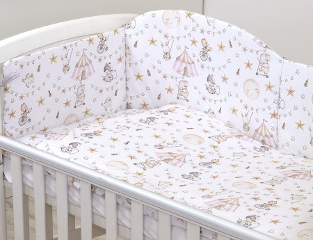 Set lenjerie din bumbac cu protectie laterala pentru pat bebe 120 x 60 cm, Circ Roz [2]