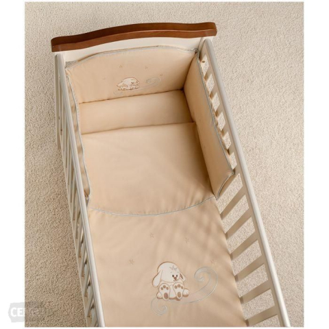 Outlet - Set lenjerie din bumbac cu protectie laterala pentru pat bebe 120 x 60 cm, Bunny Bej
