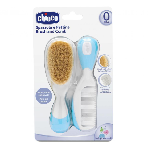 Accesorii igiena - Set pieptan si perie Chicco, par natural, bleu