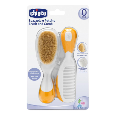 Accesorii igiena - Set pieptan si perie Chicco, par natural, orange