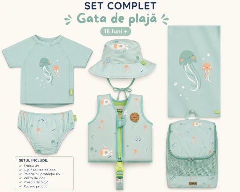 Articole de plaja, piscina - Set Plajă Copii 6 Piese Jellyfish Saro Baby (18 luni+): Tricou UV, Scutec Înot, Pălărie, Vestă, Prosop 80x140 cm, Rucsac Impermeabil