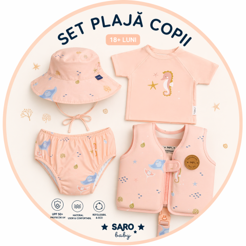 Veste de inot pentru copii - Set Înot Copii 4 Piese Saro Baby Seahorse (18 luni+): Tricou UV, Slip Înot, Pălărie, Vestă – Protecție UPF 50+