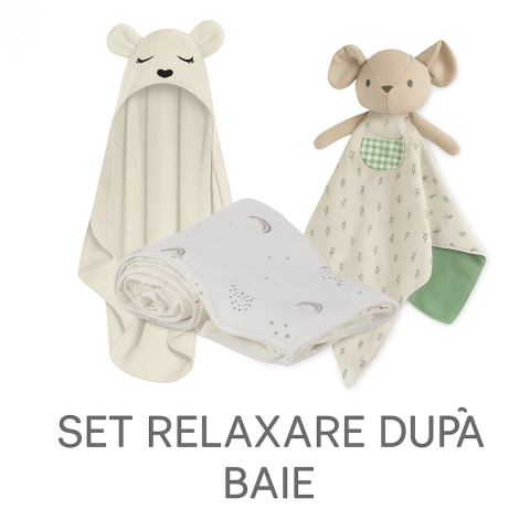 Black Friday - Set Relaxare după Baie –  Prosop bambus Teddy Ecru & Muselina Rainbow & Jucarie DouDou