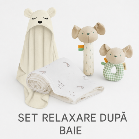 Oferte limitate - Set Relaxare după Baie –  Prosop bambus Teddy Ecru & Muselina Rainbow & Jucarie DouDou