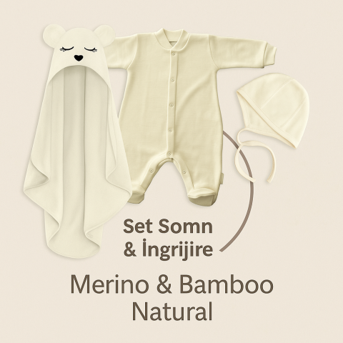 Black Friday - Set Somn & Îngrijire – Prosop bambus Teddy Ecru & Salopeta & Caciulita Lana Merino Cream,  Natural, moale și termoreglator