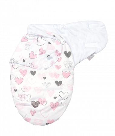 Sistem infasat si sac de dormit - Sistem de infasare Baby swaddle Inimioare Bumbac Alb, Amy, 72x60 cm