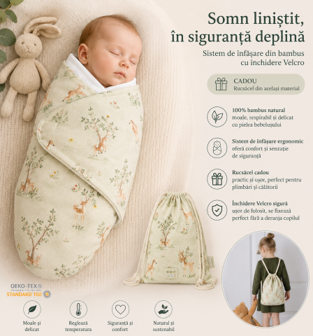 Sistem infasat si sac de dormit - Sistem de înfășare pentru bebeluși din bambus, închidere Velcro Premium, Căprioare + Rucsăcel Cadou – Amy