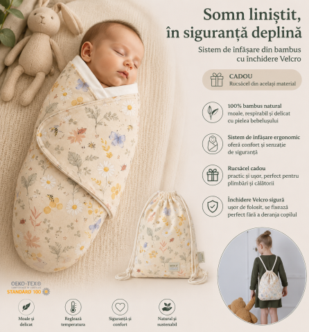 Sistem infasat si sac de dormit - Sistem de înfășare pentru bebeluși din bambus, închidere Velcro Premium, Lunca Bej + Rucsăcel Cadou – Amy