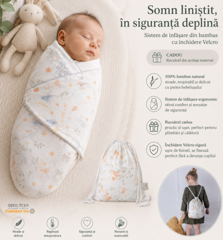 Sistem infasat si sac de dormit - Sistem de înfășare pentru bebeluși din bambus, închidere Velcro Premium, Lunca Gri + Rucsăcel Cadou – Amy