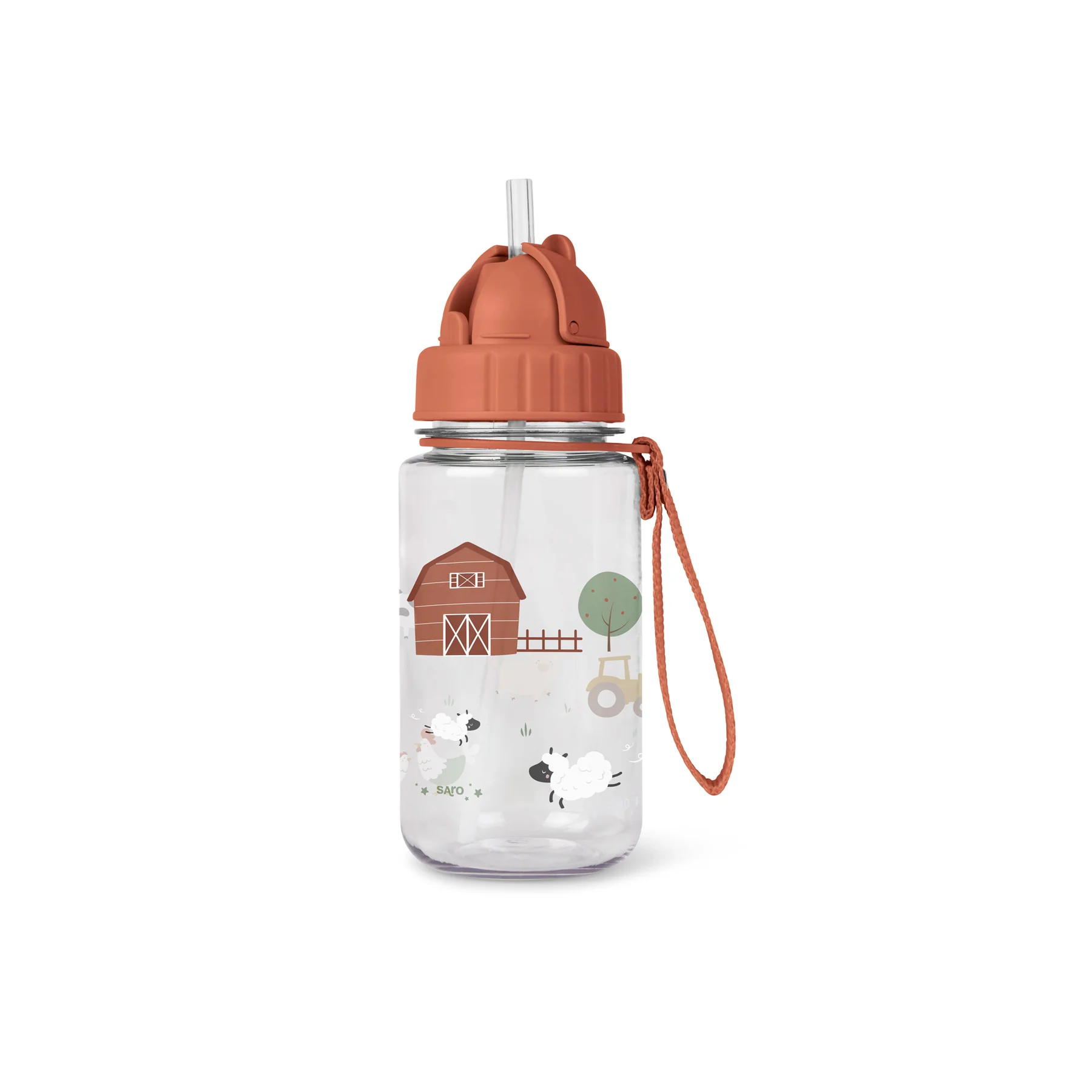Căni - Sticlă de Apă pentru Copii Saro Funny Farm 400 ml, cu Pai Silicon Retractabil Anti-Picurare, din Tritan, Fără BPA