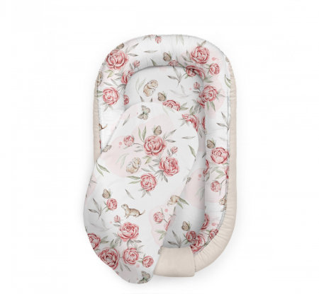 Perne, pilote si babynest - Suport de dormit Babynest Premium Bumbac si Catifea Peony Dreamland Ecri by BabySteps, 70x35 cm