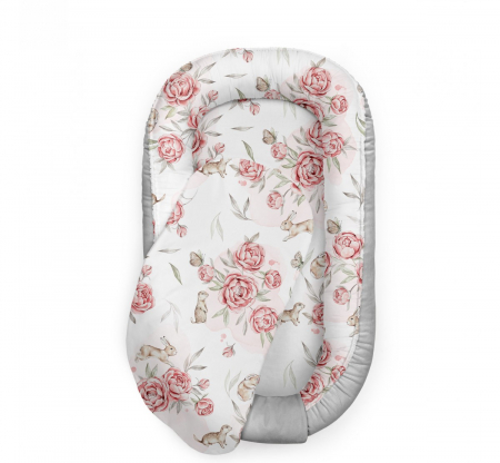 Perne, pilote si babynest - Suport de dormit Babynest Premium Bumbac si Catifea Peony Dreamland Soft Grey by BabySteps, 70x35 cm