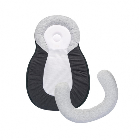 Camera copilului - Suport de somn 2 in 1, Anti plagiocefalie si antireflux, Sustine vertebra cervicala, Tesatura respirabila, Cu insertie detasabila, Sweet Dreams, Gri