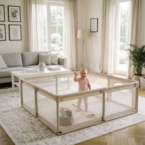 Țarc pliabil copii Kidwell FANKO 130x130 cm Beige, pentru apartament, spațiu optimizat, sigur, 0–6 ani [10]