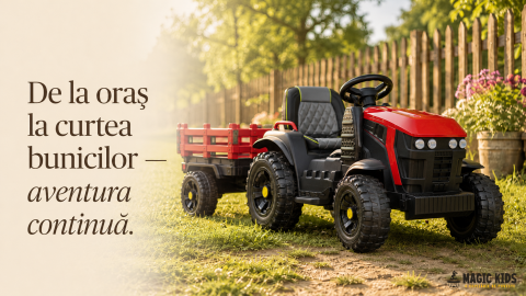 Tractor Electric pentru Copii Farmer 12V Roșu, cu Remorcă Detașabilă și Telecomandă 2.4G – Roți EVA, Scaun Piele | 3-6 Ani