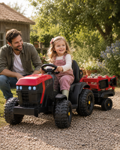 Mașinuțe electrice 12V - Tractor Electric pentru Copii Farmer 12V Roșu, cu Remorcă Detașabilă și Telecomandă 2.4G – Roți EVA, Scaun Piele | 3-6 Ani
