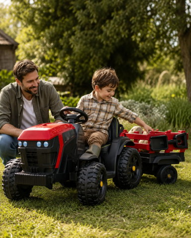 Tractor Electric pentru Copii Farmer 12V Roșu, cu Remorcă Detașabilă și Telecomandă 2.4G – Roți EVA, Scaun Piele | 3-6 Ani [1]