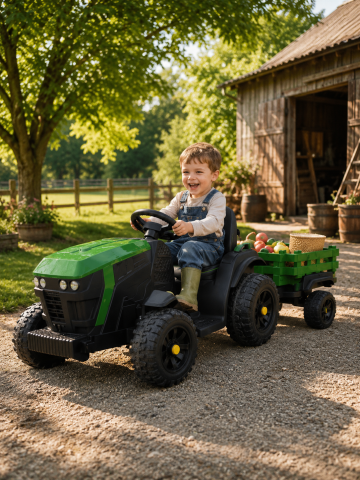Mașinuțe electrice 12V - Tractor Electric pentru Copii Farmer 12V Verde, cu Remorcă Detașabilă și Telecomandă 2.4G – Roți EVA, Scaun Piele | 3-6 Ani