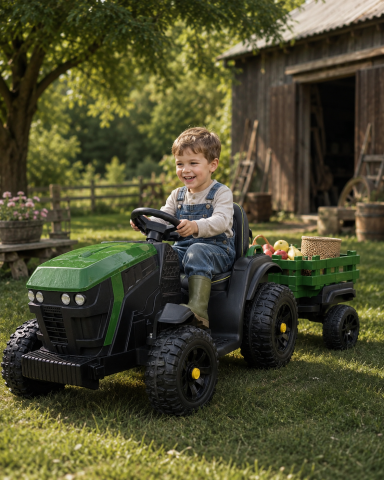 Mașinuțe electrice 12V - Tractor Electric pentru Copii Farmer 12V Verde, cu Remorcă Detașabilă și Telecomandă 2.4G – Roți EVA, Scaun Piele | 3-6 Ani