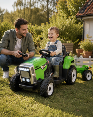 Mașinuțe electrice 12V - Tractor Electric pentru Copii MX-611 12V Verde, cu Remorcă Detașabilă, Bluetooth și Telecomandă 2.4G – Roți Cauciuc, Scaun Piele | 2,5-5 Ani