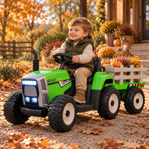 Tractor Electric pentru Copii MX-611 12V Verde, cu Remorcă Detașabilă, Bluetooth și Telecomandă 2.4G – Roți Cauciuc, Scaun Piele | 2,5-5 Ani