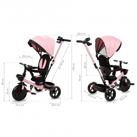 Tricicleta pentru copii Kidwell Axel Gri cu sezut rotativ, roti din spuma EVA, suport pentru picioare, control parental, suport pentru pahar, centura de siguranta, greutate admisa 25 kg, Roz [11]