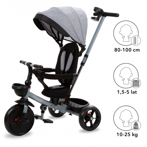 Tricicleta pentru copii Kidwell Axel Gri cu sezut rotativ, roti din spuma EVA, suport pentru picioare, control parental, suport pentru pahar, centura de siguranta, greutate admisa 25 kg, Gri [6]