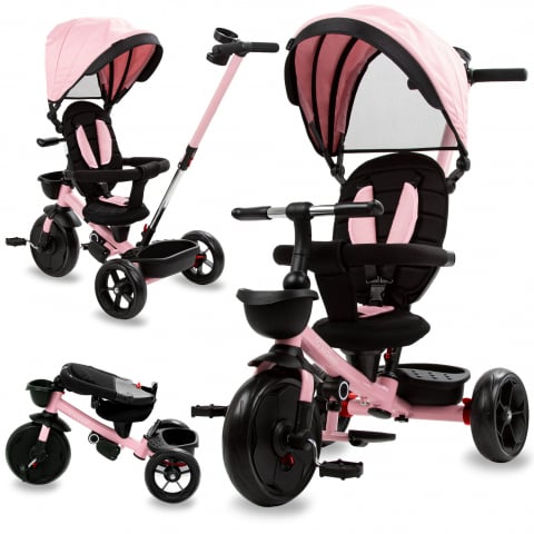 Plimbare & Relaxare - Tricicleta pentru copii Kidwell Axel Gri cu sezut rotativ, roti din spuma EVA, suport pentru picioare, control parental, suport pentru pahar, centura de siguranta, greutate admisa 25 kg, Roz