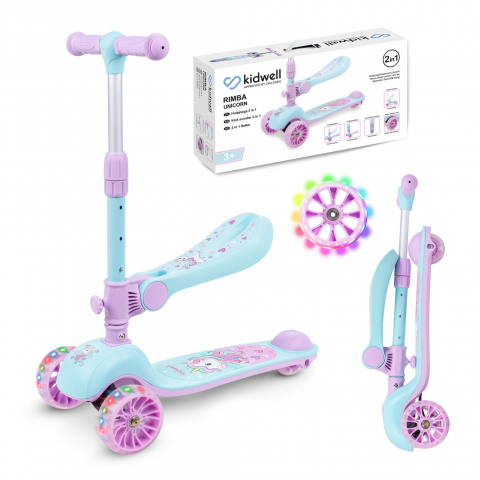 Trotinete - Trotineta copii cu sezut, transformabila 2in1, pliabila, cu lumini LED, Rimba Unicorn, 1-5 ani, pana la 50 kg, Kidwell