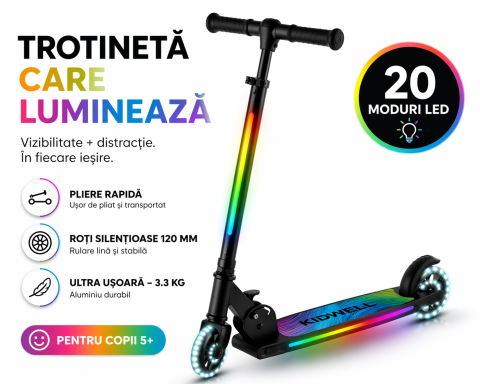Trotinete cu 2 roti - Trotineta cu 2 roti pentru copii, 3in1, pliabila, reglabila, cu iluminare LED încorporată, MIDO Black, 5 ani+, pana la 100 kg, Kidwell