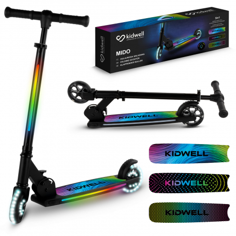 Trotinete - Trotineta cu 2 roti pentru copii, 3in1, pliabila, reglabila, cu iluminare LED încorporată, MIDO Black, 5 ani+, pana la 100 kg, Kidwell