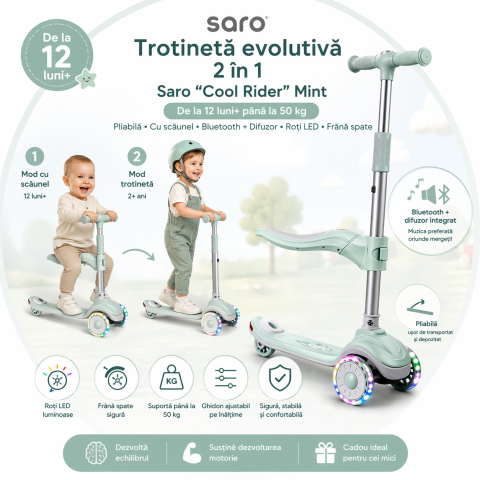 Plimbare & Relaxare - Trotinetă evolutivă 2 în 1 Saro “Cool Rider” Mint, 12 luni+, pliabilă, cu scăunel, Bluetooth + difuzor, roți LED, frână spate, max. 50 kg