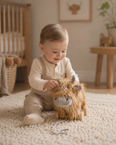 Pull Along Toy - Văcuța Hubert Highland Pull Along, Jucărie 2în1 cu Roți Detașabile din Lemn, Little Bird Told Me | 6 Luni+, Cadou Ideal