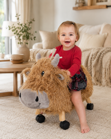 Oferte limitate - Văcuța Hubert Highland – Ride-On Toy din Plush, cu Cadru din Lemn Masiv, Little Bird Told Me | 12 Luni+, Cadou Ideal