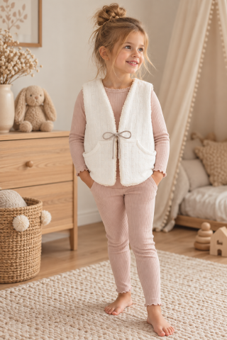 Outlet - Vestă Copii Reversibilă Teddy-Miel și Muselină Brodată, Albă, cu Buzunare, 3-5 ani (104/110)
