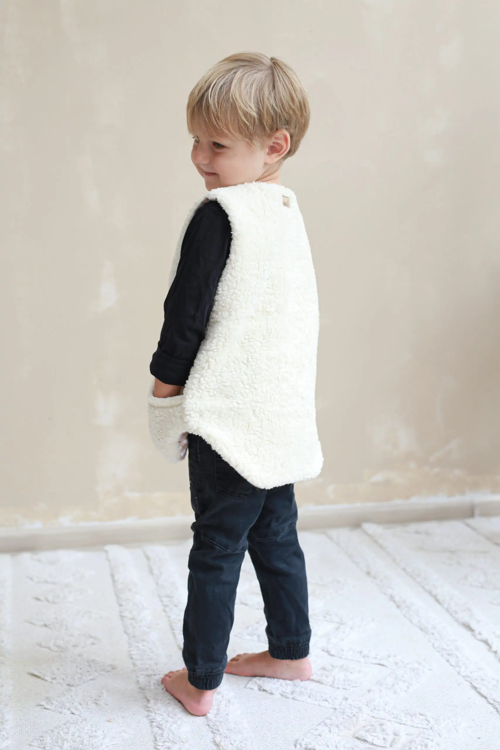 Vesta pentru copii, reversibila, dublat, muselina carouri Bej si tesatura bucle Crem, Teddy by BabyLy, 92/98, 1-3 ani [3]