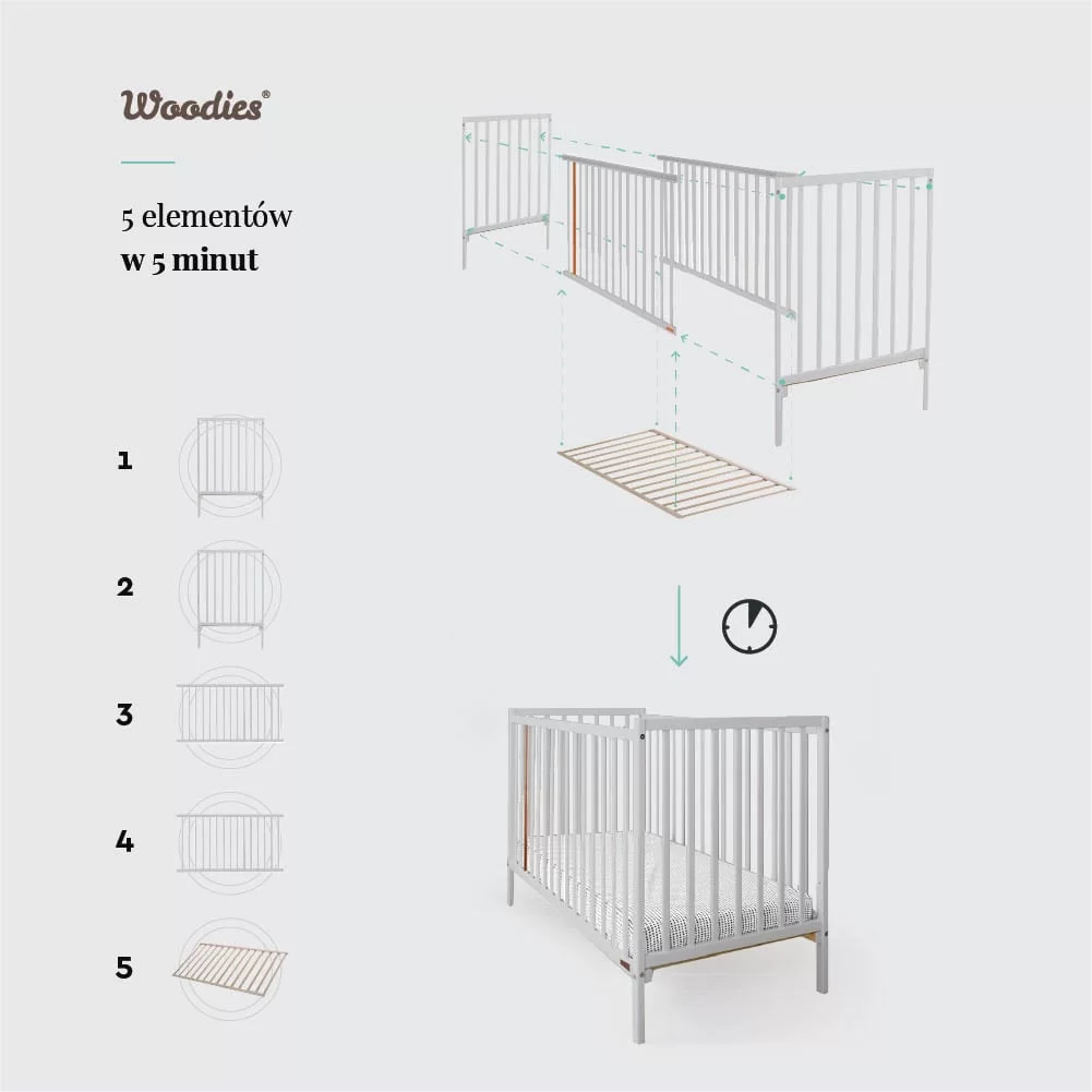 Patut din lemn pentru bebe, inaltime saltea reglabila, Stardust  Craft gri 120A 60 cm [7]