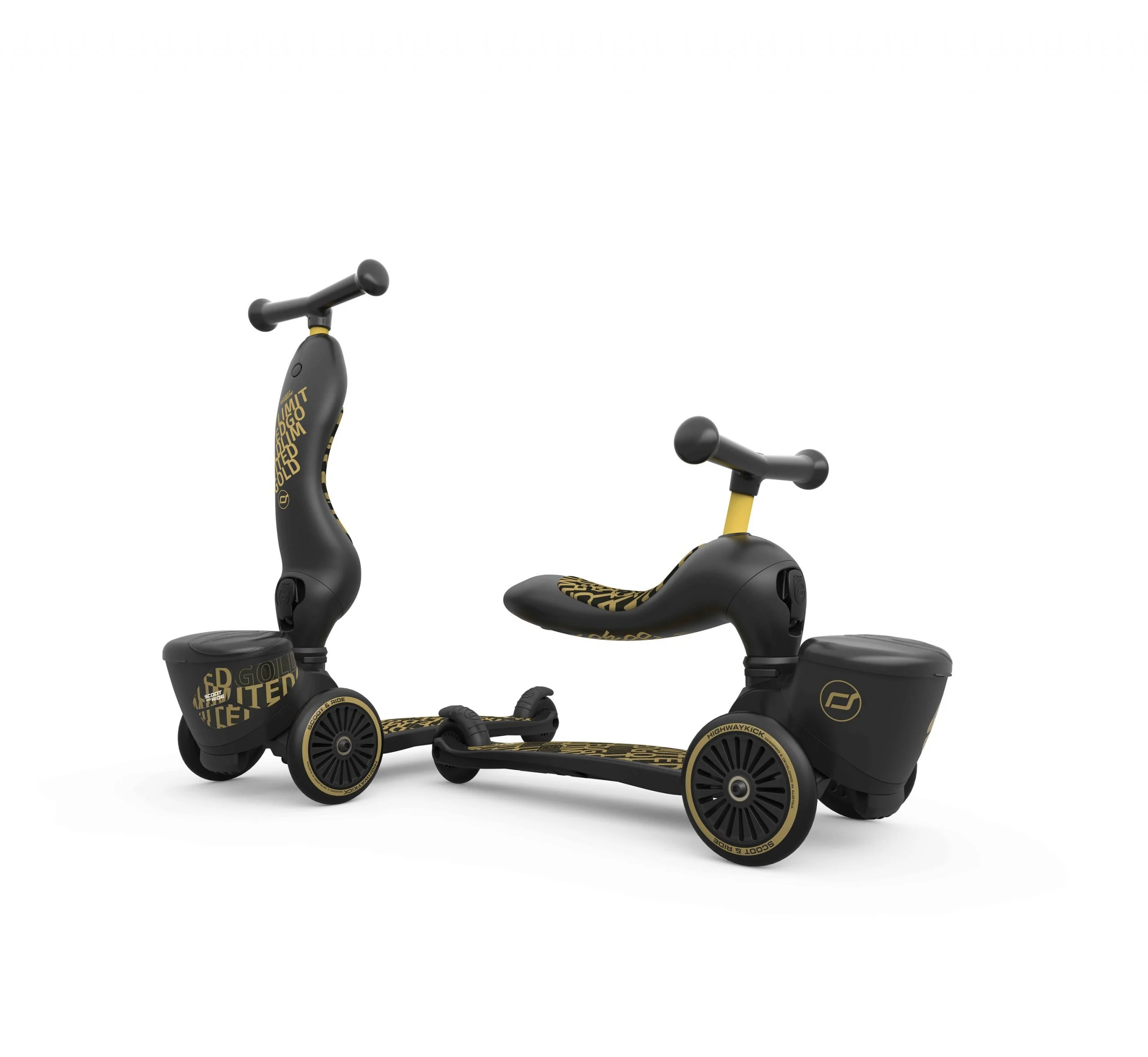 Jocuri si Jucarii exterior - Trotineta copii cu sezut, suport jucarie, transformabila 2in1, HighwayKick 1 Lifestyle Black Gold Limited, 1-5 ani, pana la 50 kg, Scoot & Ride