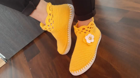 Pantofi High-Up Artizanale Croșetate MagiCraft, în Nuanțe de Alb și Galben - MagiCraft [2]