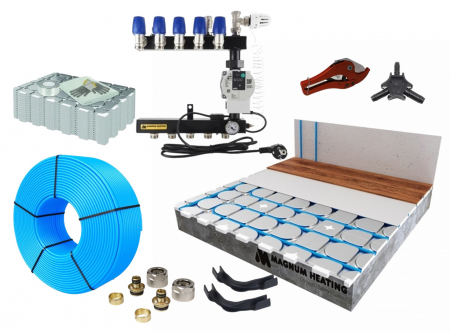 Pachet complet 50m² incalzire prin pardoseala cu agent termic sistem uscat pentru parchet Magnum Heating, grosime 18 mm, inclusiv pompa circulatie si grup mixare [0]