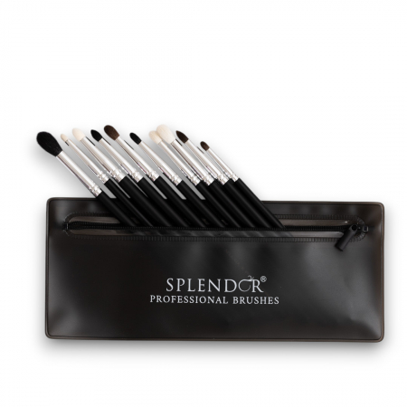 Toate Produsele - Set 10 Pensule Profesionale Blending SPLENDOR Pentru Machiaj Ochi, Par Veverita, Capra, Ponei, Sintetic + Borseta
