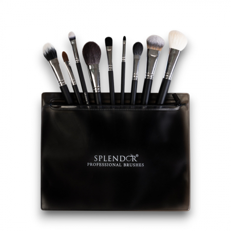 Toate Produsele - Set 9 Pensule Profesionale SPLENDOR Pentru Machiajul Fetei Par Fibre Moi Sintetice, Capra + Borseta