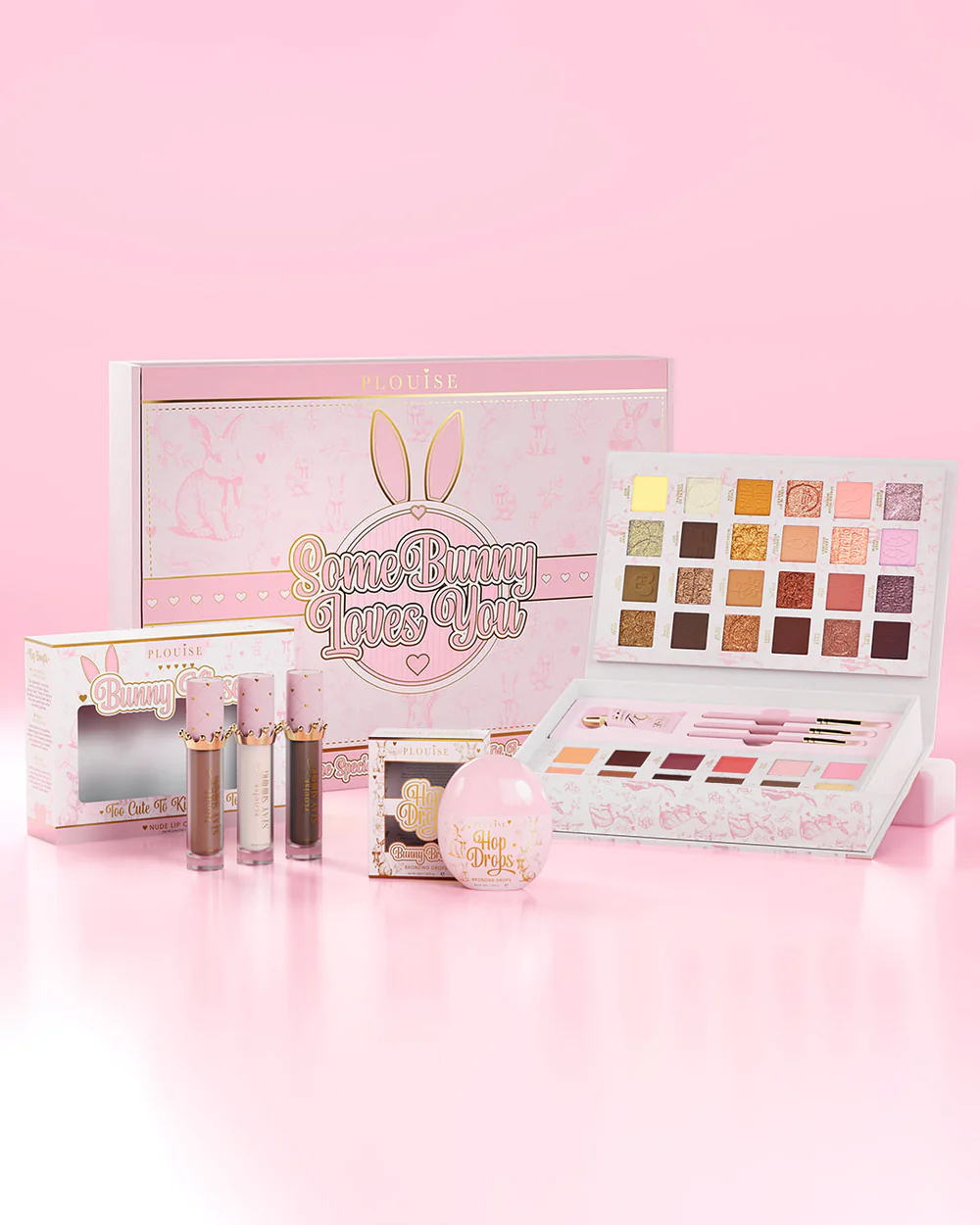 Noutati - Set P.LOUISE Somebunny Loves You - Paletă pentru Ochi și Față, Trio de Uleiuri de Buze, Picături Bronzante, Bază de Pleoape și Mini Pensule