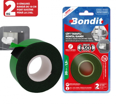 Benzi - BANDA DUBLU ADEZIVA PENTRU MONTAJ BONDIT VERDE 20MMX1.5M BNMD2015