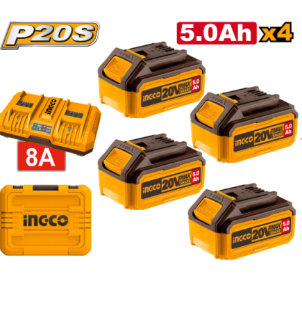 Acumulatori si Incarcatoare - INGCO ACUMULATOR 20V SET 4X5AH + INCARCATOR DUBLU  FBCLI20285