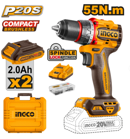 Masini de gaurit si insurubat - INGCO BORMASINA 20V CU 2X2AH SI INC +  ACCESORII  CDLI20558E