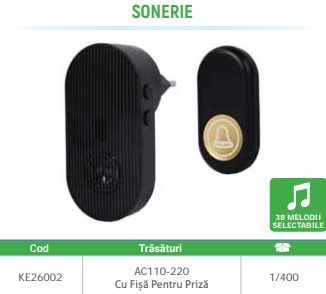 Instalatii electrice si de iluminat - SONERIE USA PRIZA/ BATERIE 32 MELODII FARA FIR 150M  KE26002