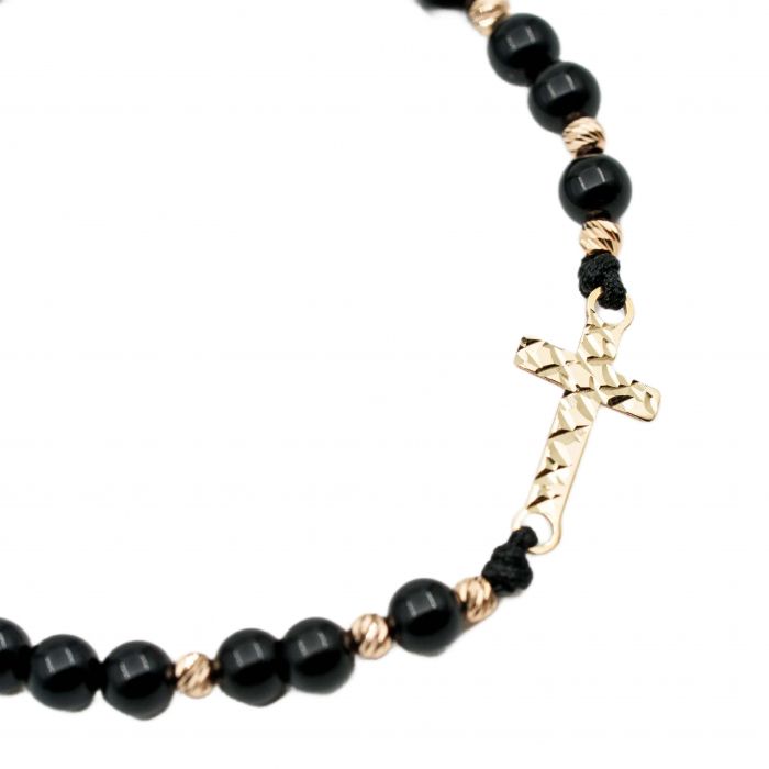 Bratara cu bile de Aur 14k, Cruce fatetata din Aur 14k si pietre semipretioase Onix negru AU0128 [3]