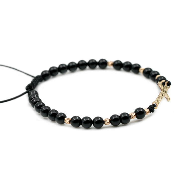 Bratara cu bile de Aur 14k, Cruce fatetata din Aur 14k si pietre semipretioase Onix negru AU0128 [2]