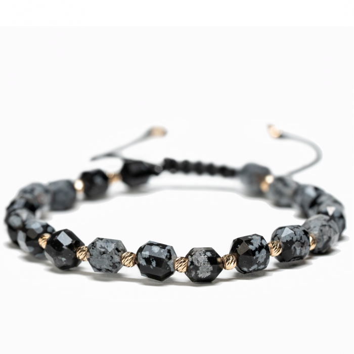Bratara cu 20 de bile de Aur 14k si pietre semipretioase Obsidian butoiase fatetate AU0006 [1]